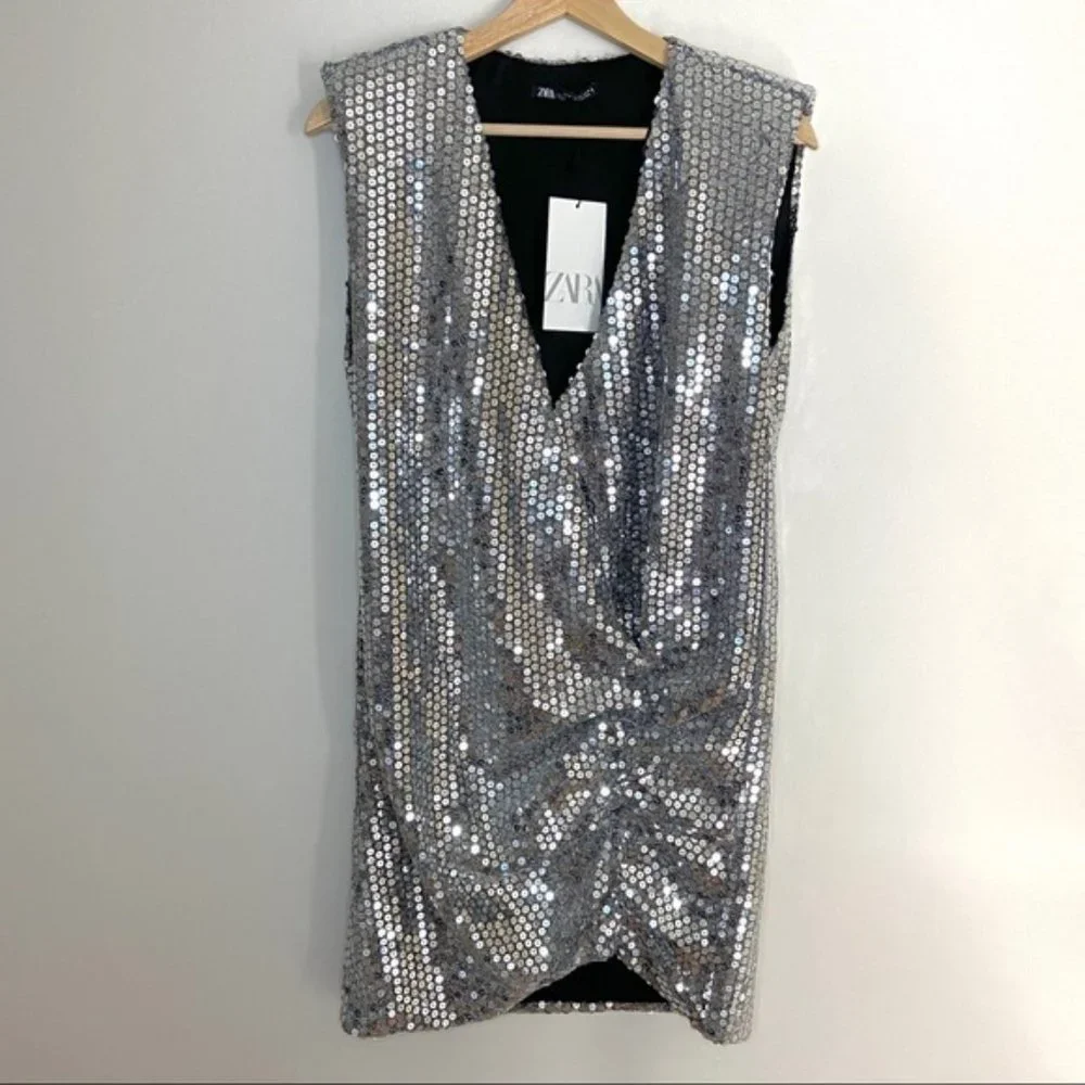 Zara Silver Sequin Mini Dress - Picture 1 of 7
